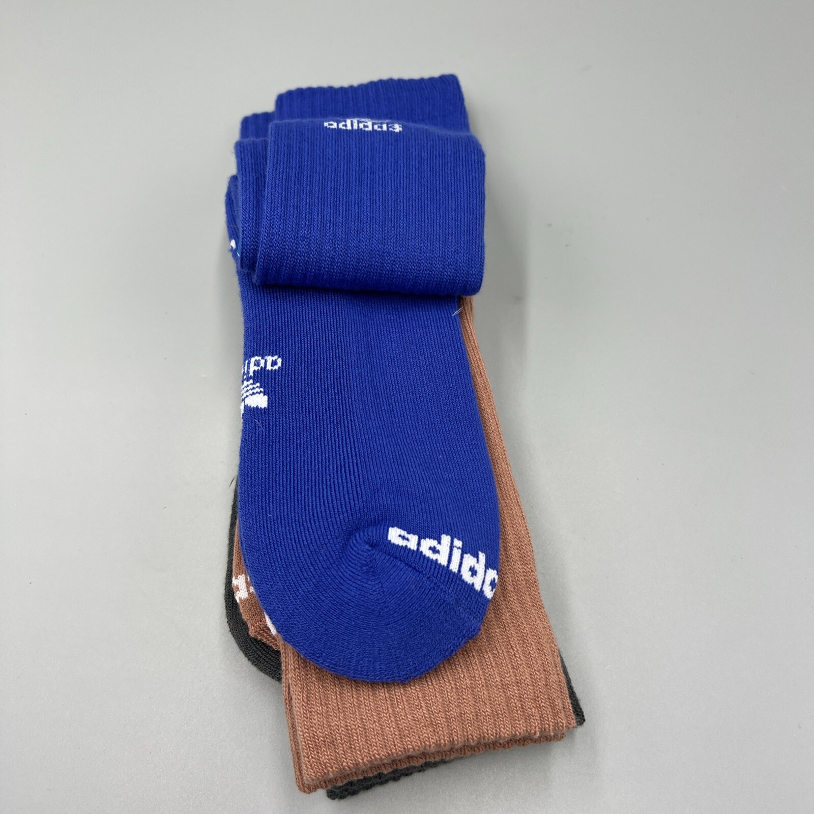 3 Pairs! Adidas Crew Socks, Blue, Grey, Brown. Sz Large, Mens 8-12, Womens 10-13