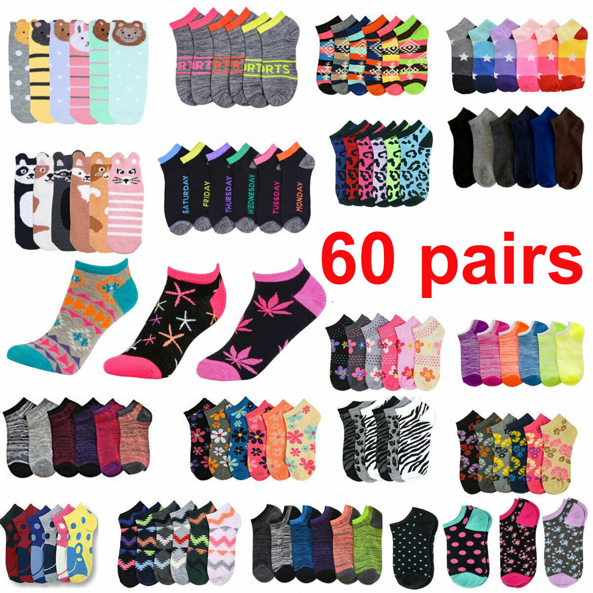 60 pair Women’s Girl Ankle Socks Lowcut Mixed Designs Colors Lot Wholesale 9-11