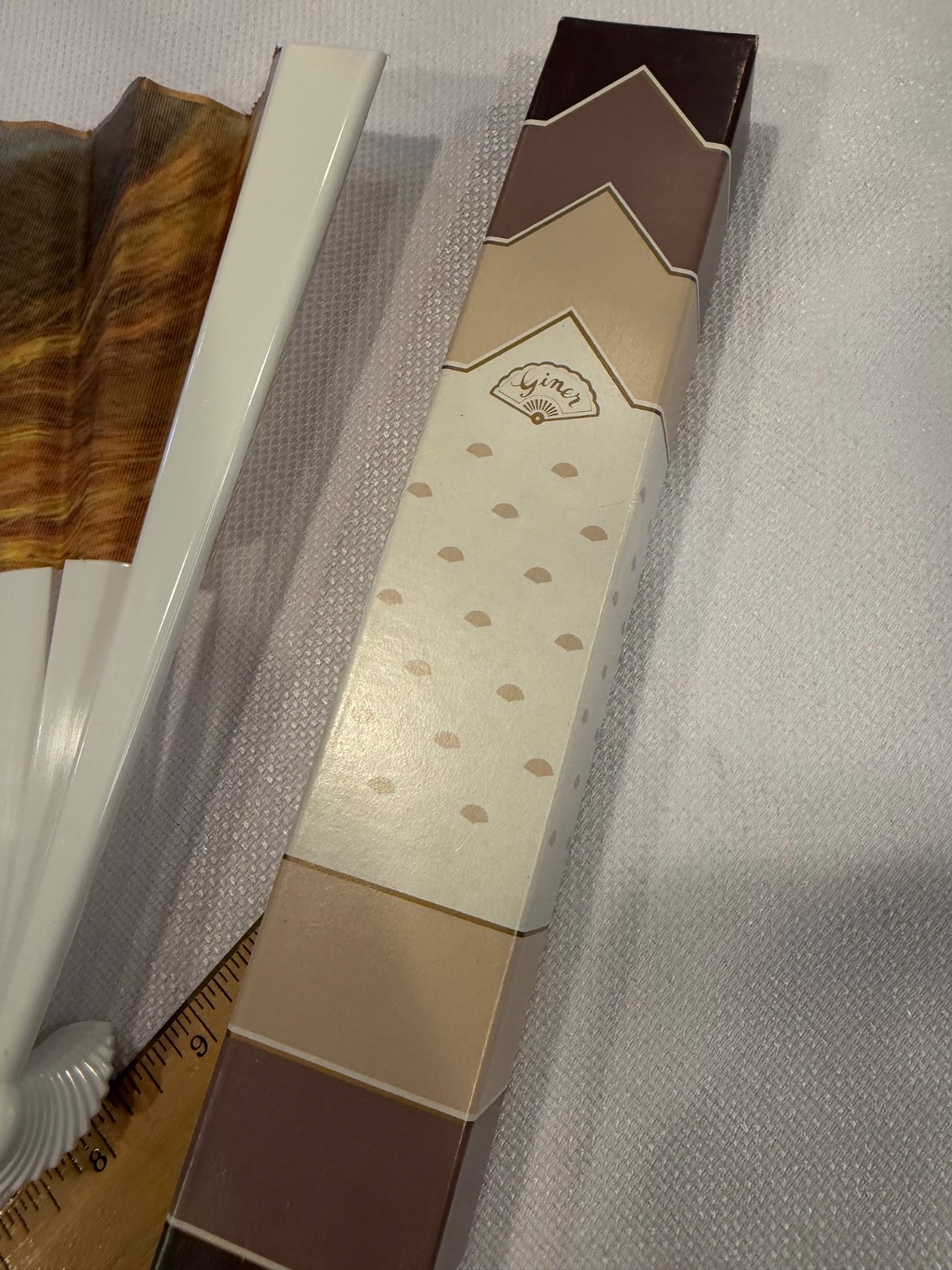 Vintage Giner Hand Fan Original Box Beautiful Lady Fabric & Plastic Fold Up