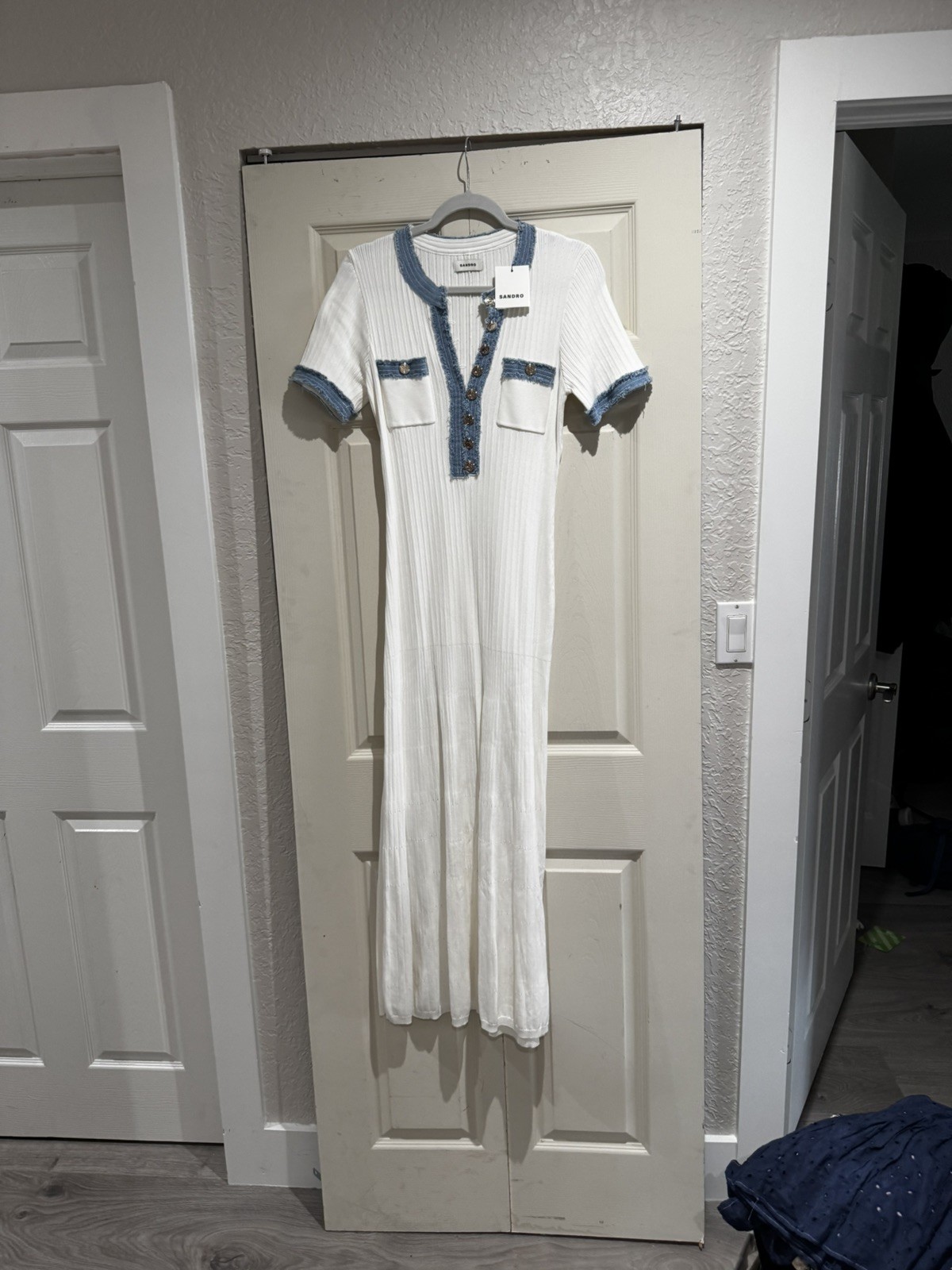 Sandro Ribbed Knit Dress with denim detailing.