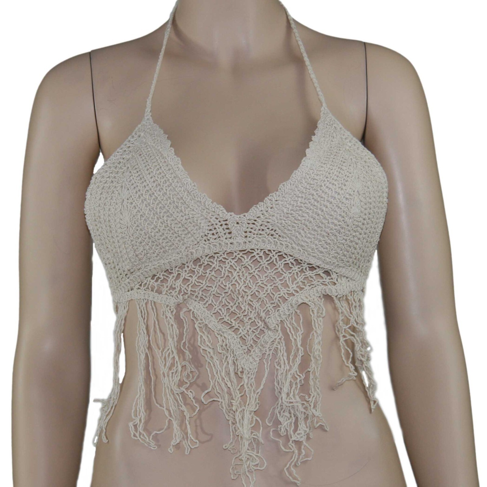 Peach Love California Crocheted Cropped Halter Top V-neck Lined Fringe
