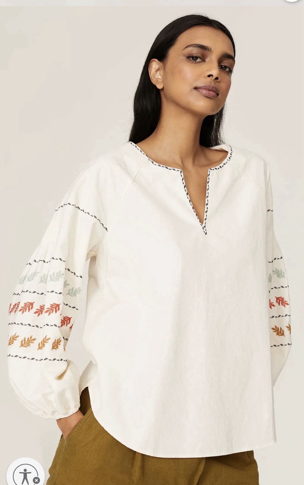 Madewell Ivory Multicolor Embroidered Peasant Blouse V-Neck Balloon 3/4 XS