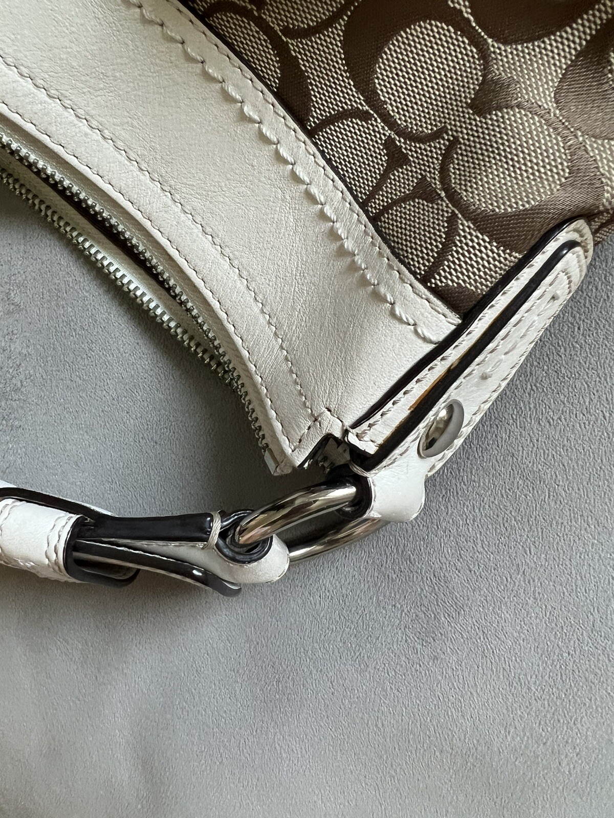 Coach Logo CC Monogram Luxury Handbag Tan White Shoulder Bag Hobo Style w Clutch