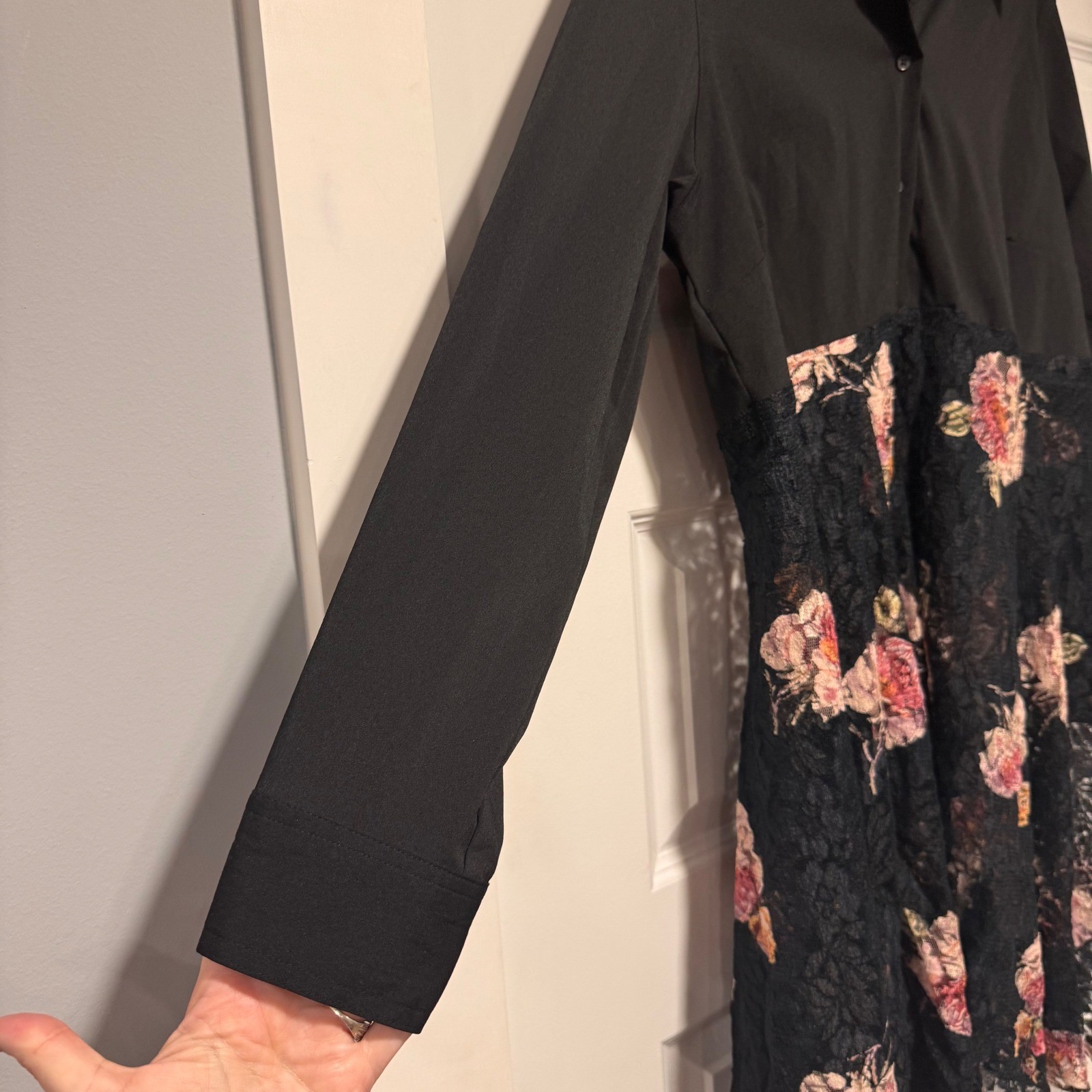 Upcycled Recycled Black Mixed Media Floral Lace Shirt Dress Tunic Embroidered