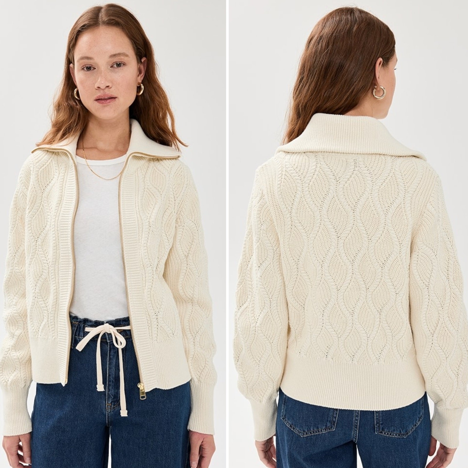 VARLEY Lando Full Zip Knit in Birch Cream Size Large