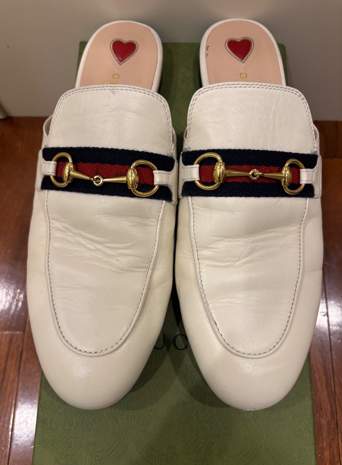 Gucci Princetown Mules Mystic White Leather Web Stripe Size 40