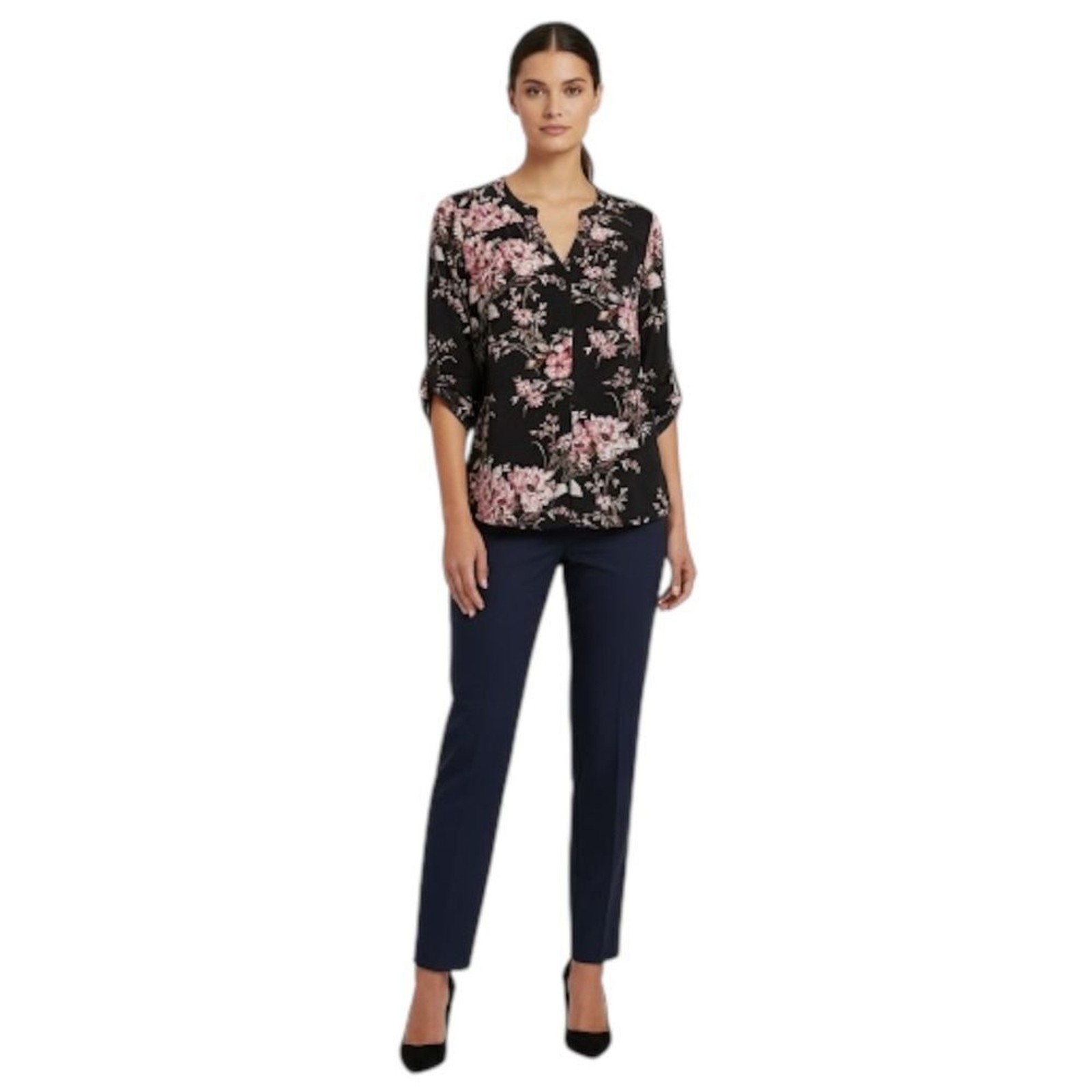 41 Hawthorn Black Floral Roll Tab Sleeve Button Up Top size Small