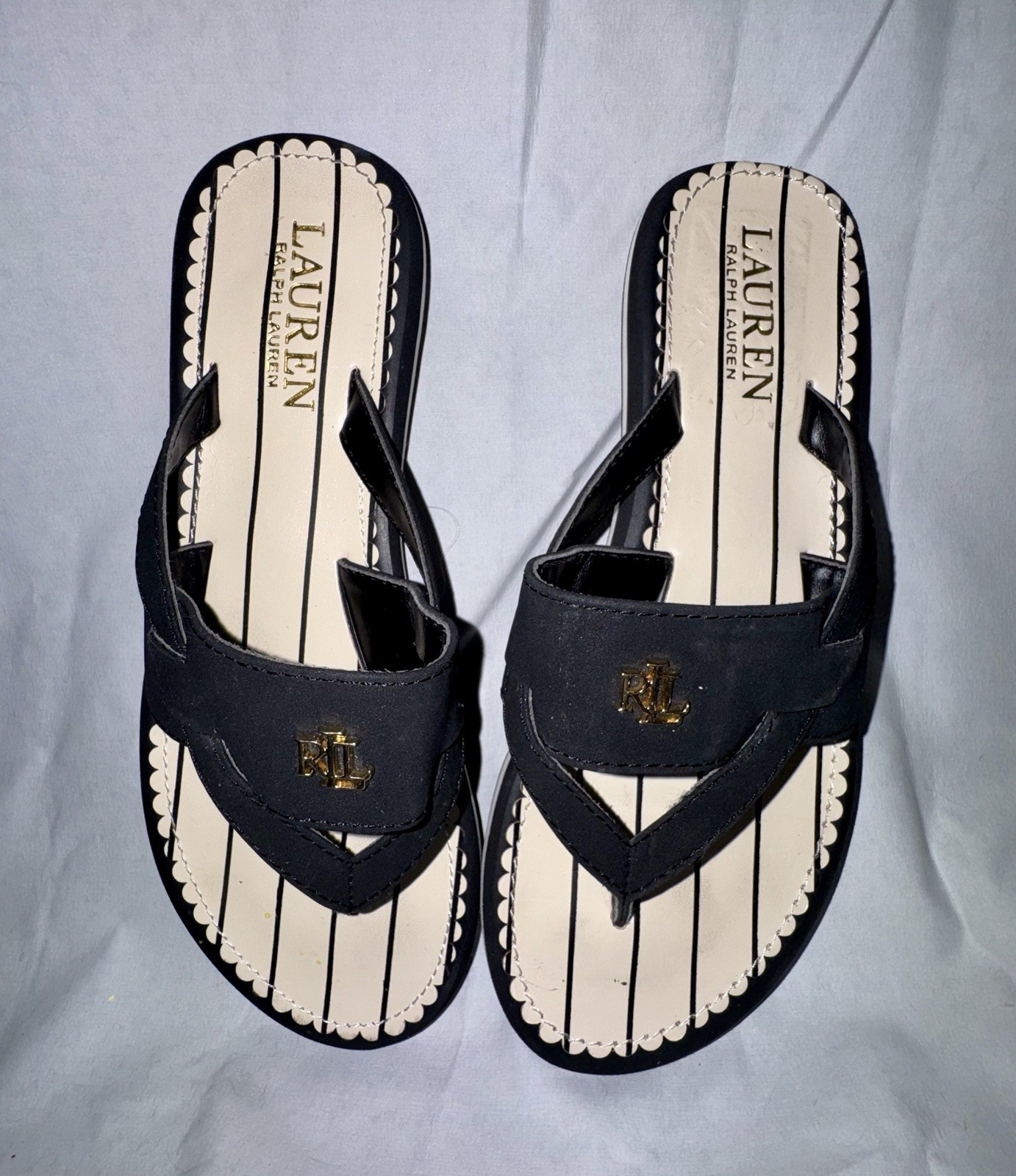Lauren Ralph Lauren Black/White Striped Leather Thong Sandals US 6.5