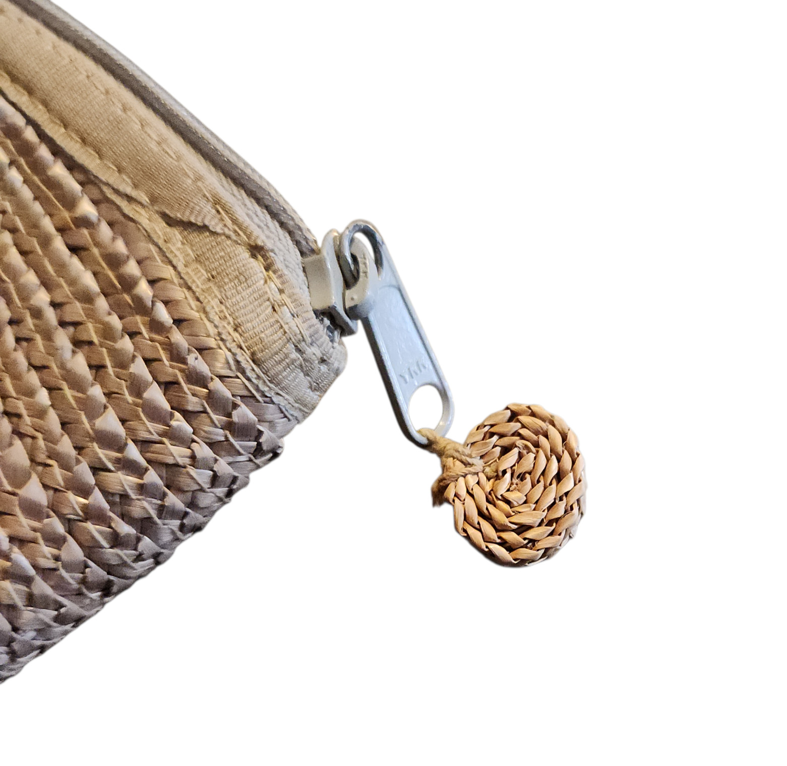 Estee Lauder Clutch Handbag Half-Circle Beige Brown Woven Straw Boho Beach