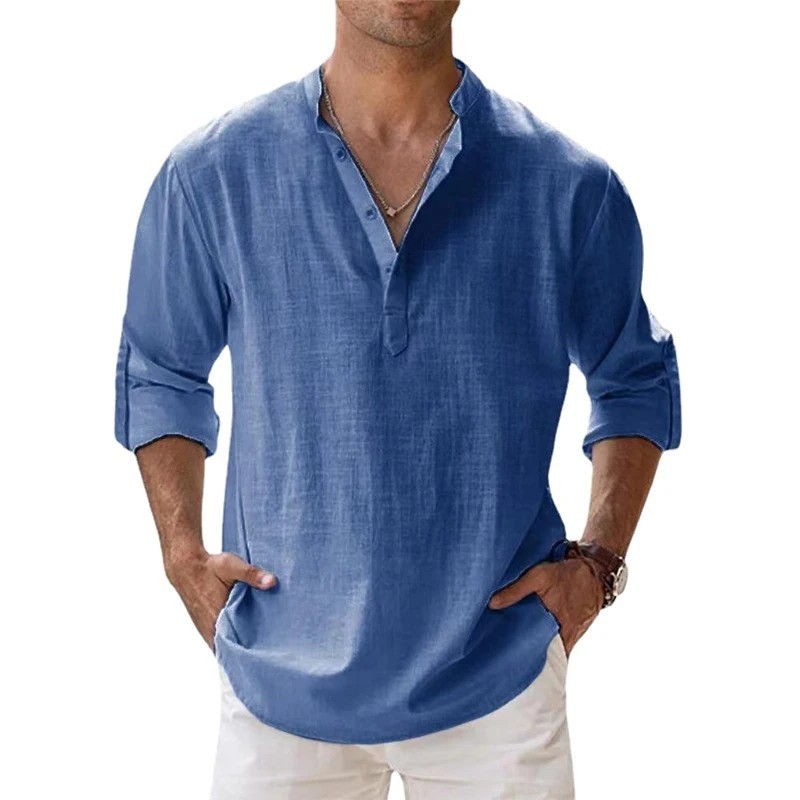 Men’s Cotton Linen Henley Shirt Summer Casual Beach Hawaiian Style Vacation Wear