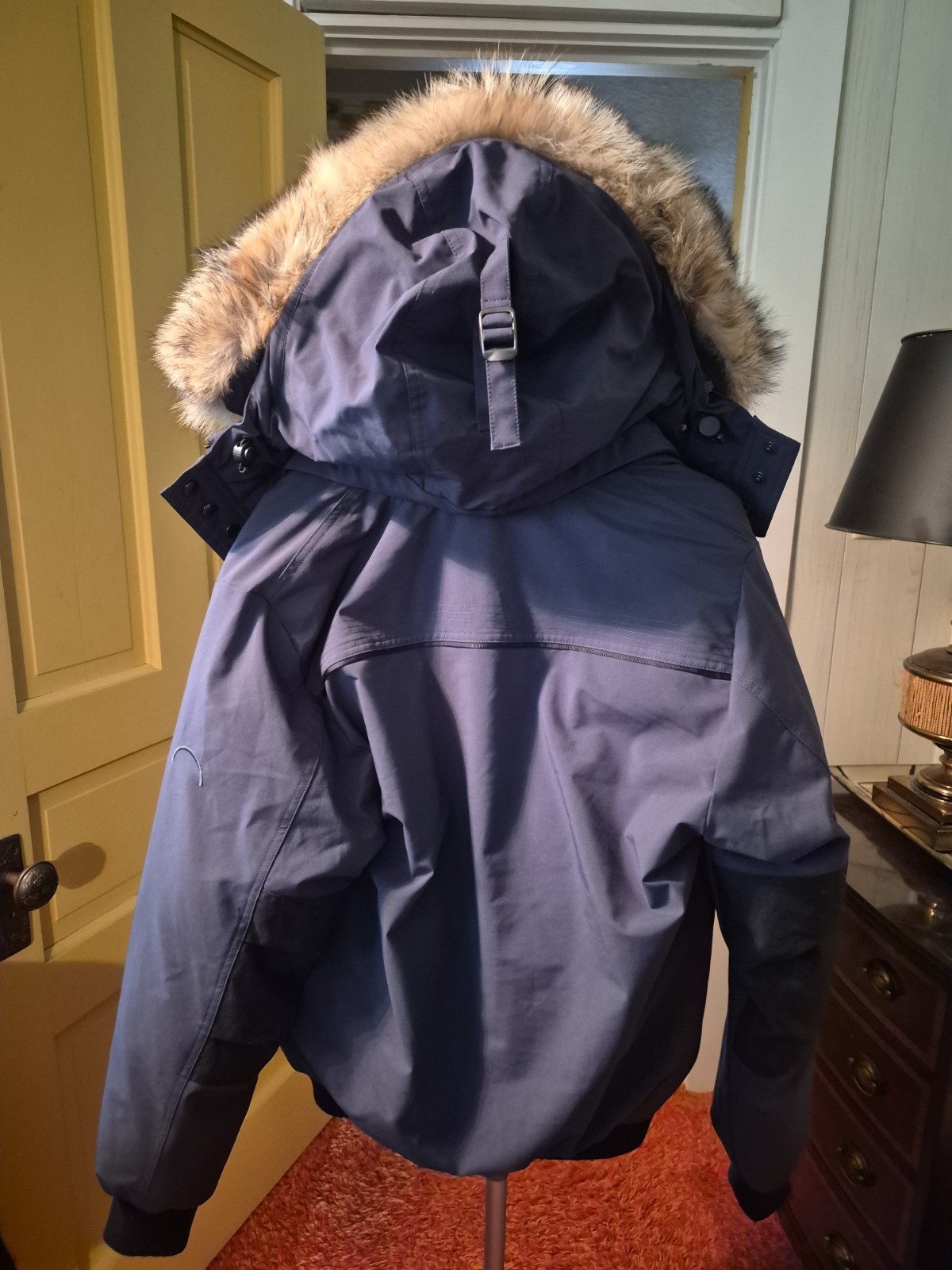 CMFR Men’s Blue Full Zip Hooded Bomber Jacket M Stand-Up Fur Trim Down Short