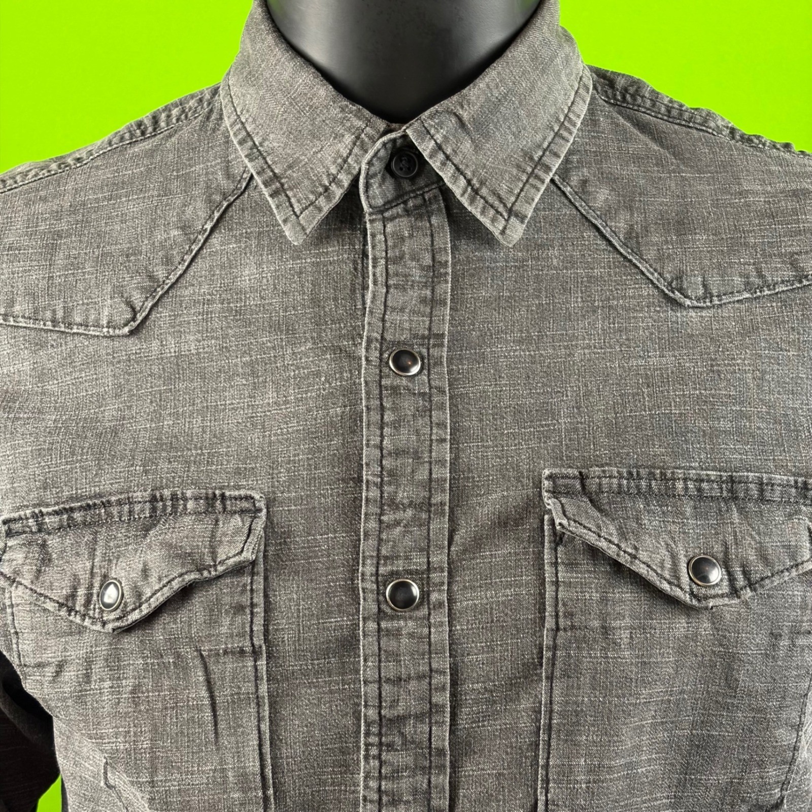 Wrangler Mens M Black Denim Flex Slim Fit Western Snap Shirt JLD4YWA