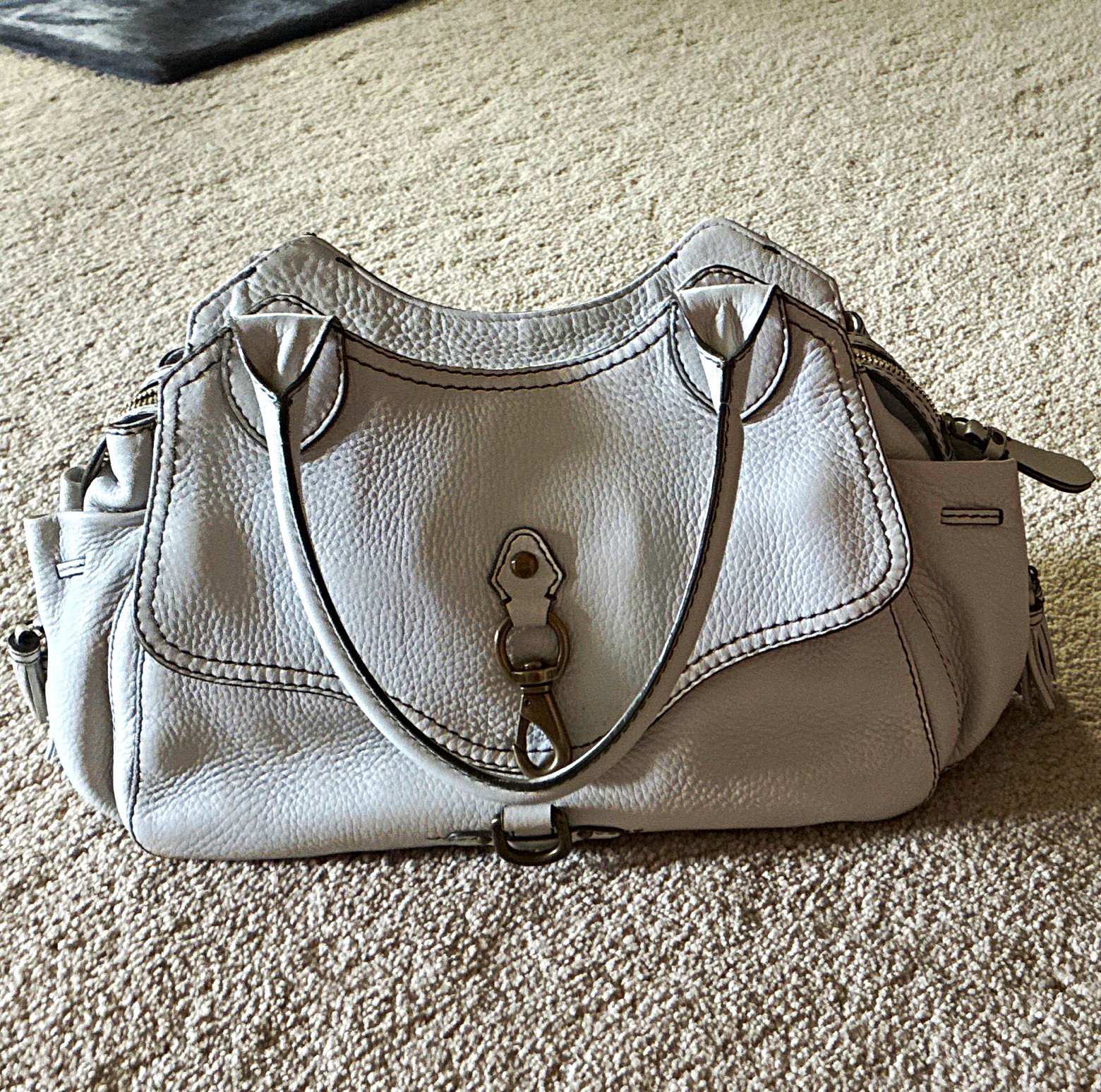 Cole Haan Beige Pebbled Satchel Top Handle Zip Bag, Detachable Strap, Silver