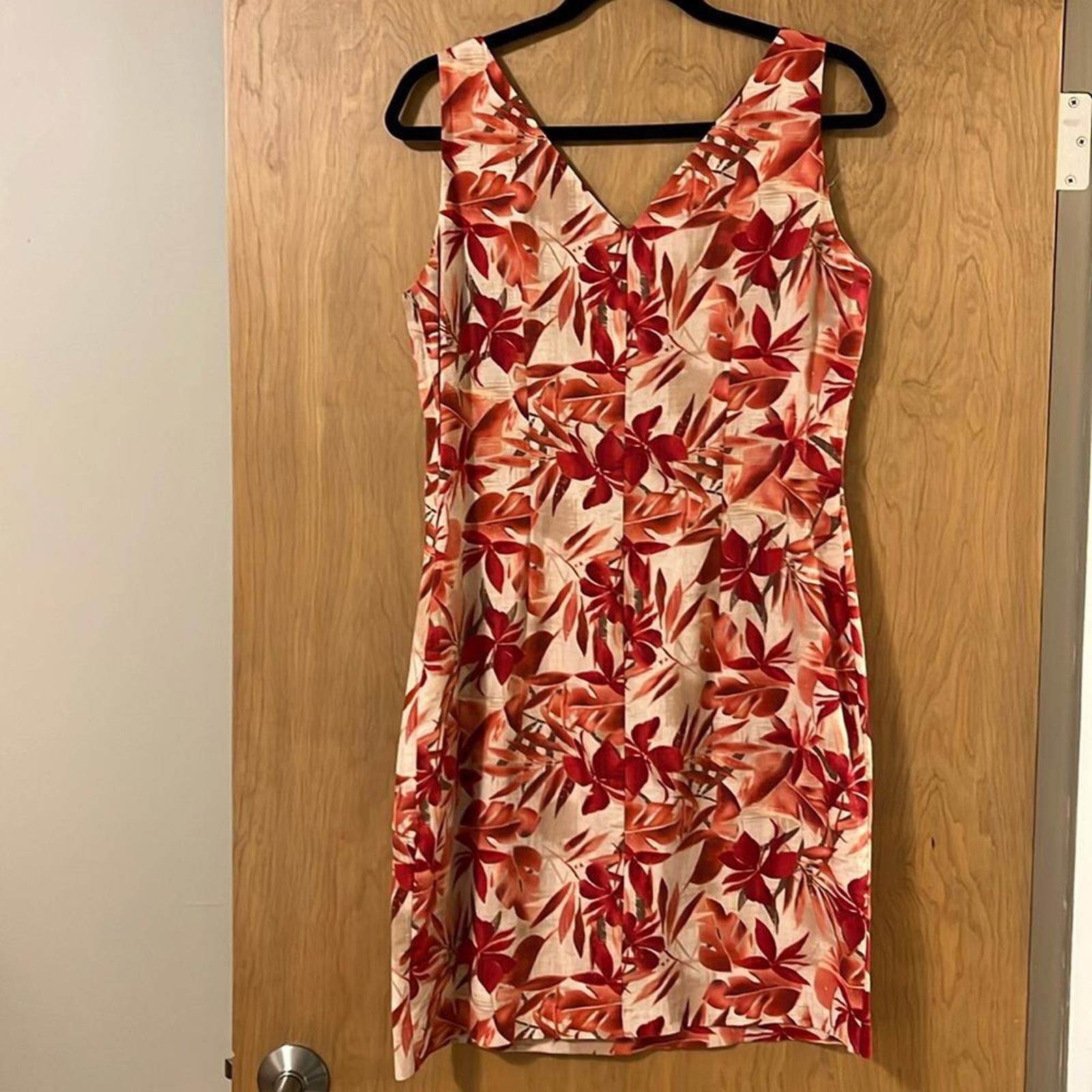 Studio Ease Linen Blend Tropical Floral Shift Dress Coral Red Size 10