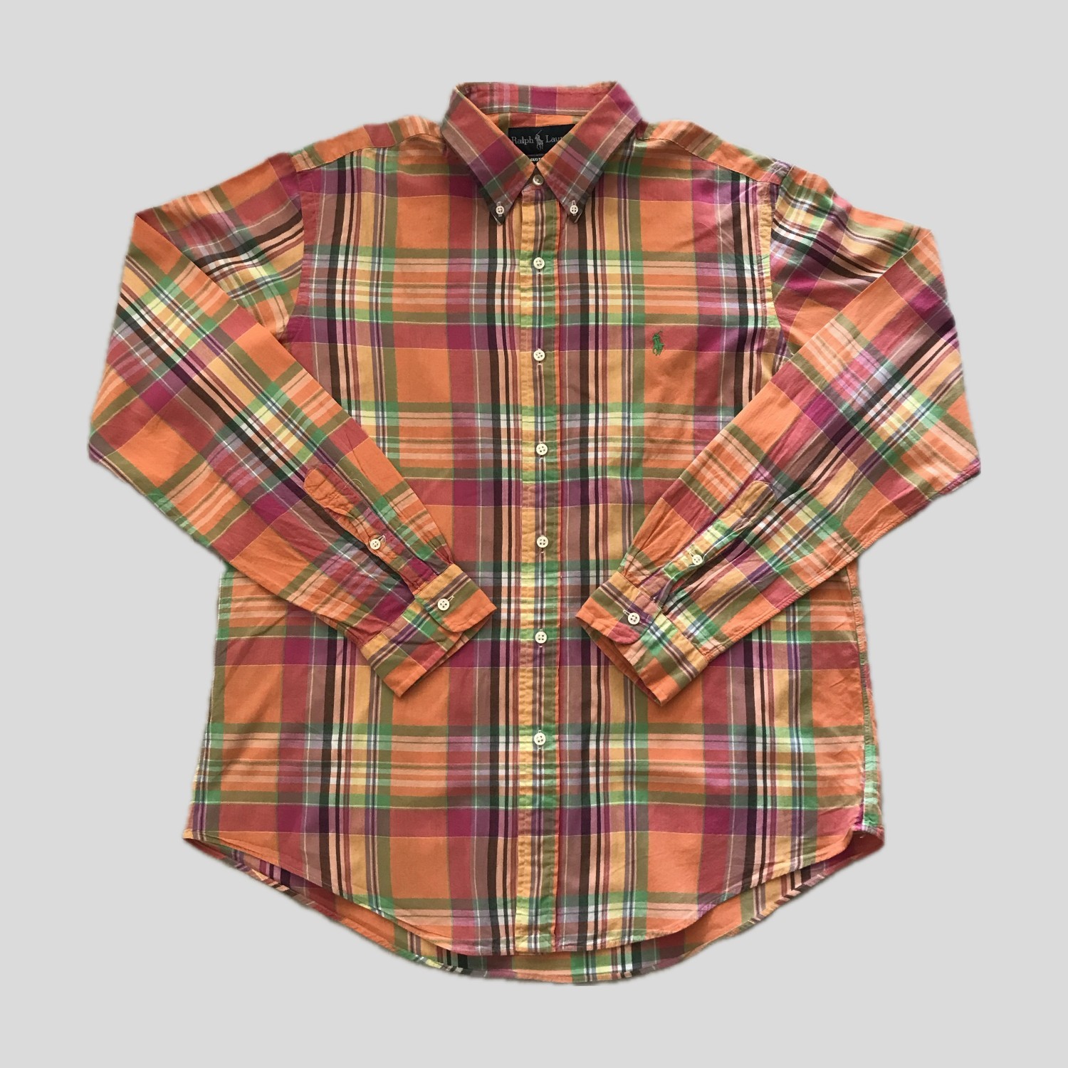 Ralph Lauren Custom Fit Orange Plaid Preppy Long Sleeve Cotton Shirt Mens XL