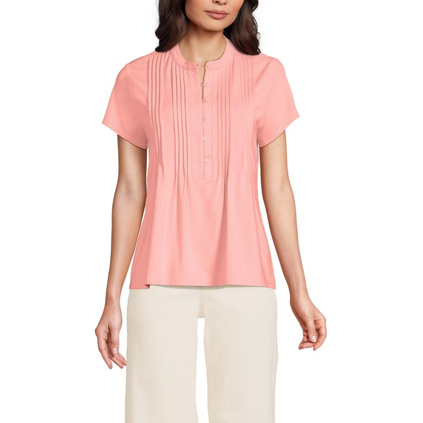 Lands’ End Womens Medium Short Sleeve Pintuck Blouse Top – Coral Pink