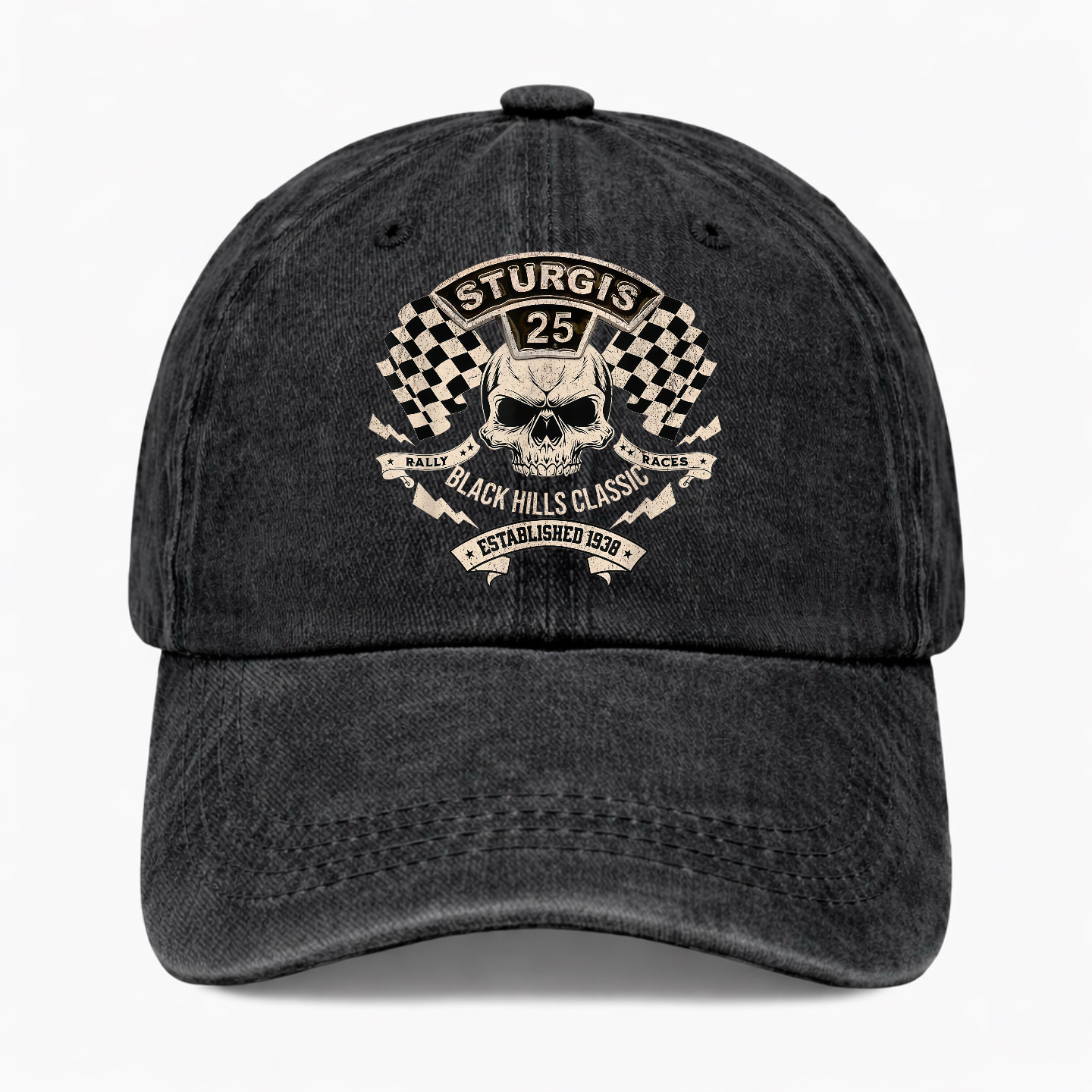 Sturgis 25 Black Hills Classic Skull Biker Vintage Washed Dad Hat Cap Adjustable