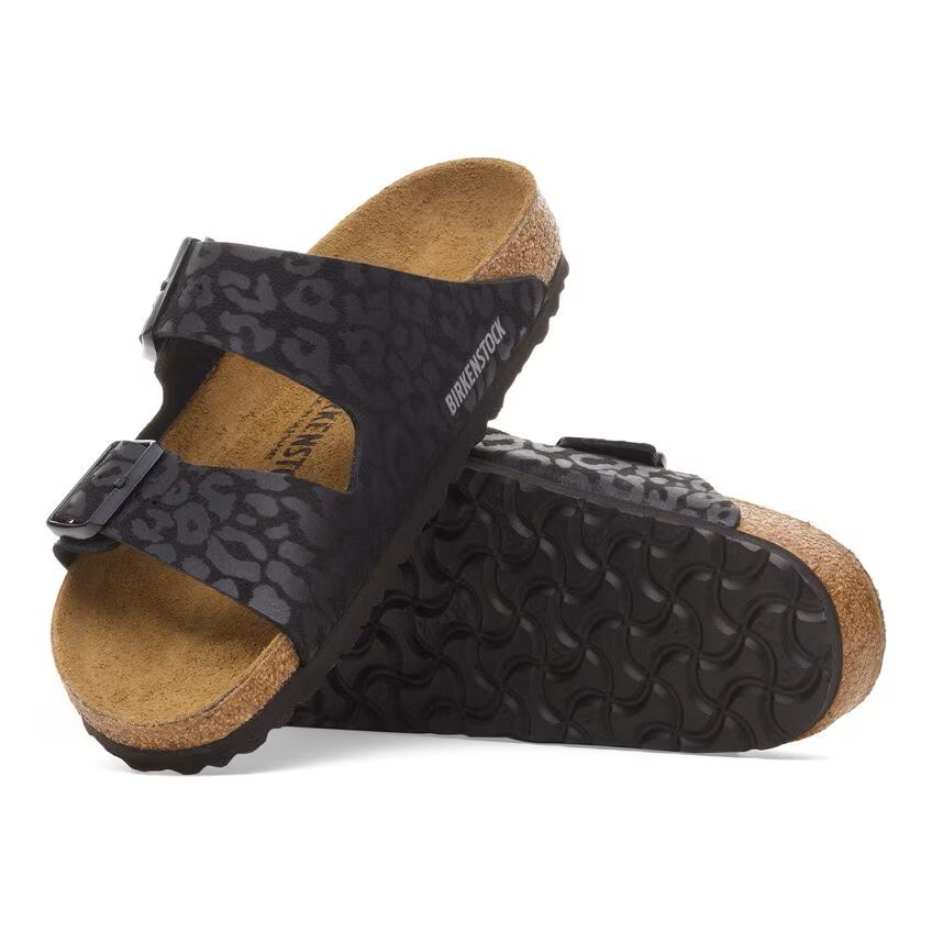 BIRKENSTOCK ARIZONA LEO BLACK MEDIUM/NARROW WIDTH LEOPARD SLIDE SANDALS
