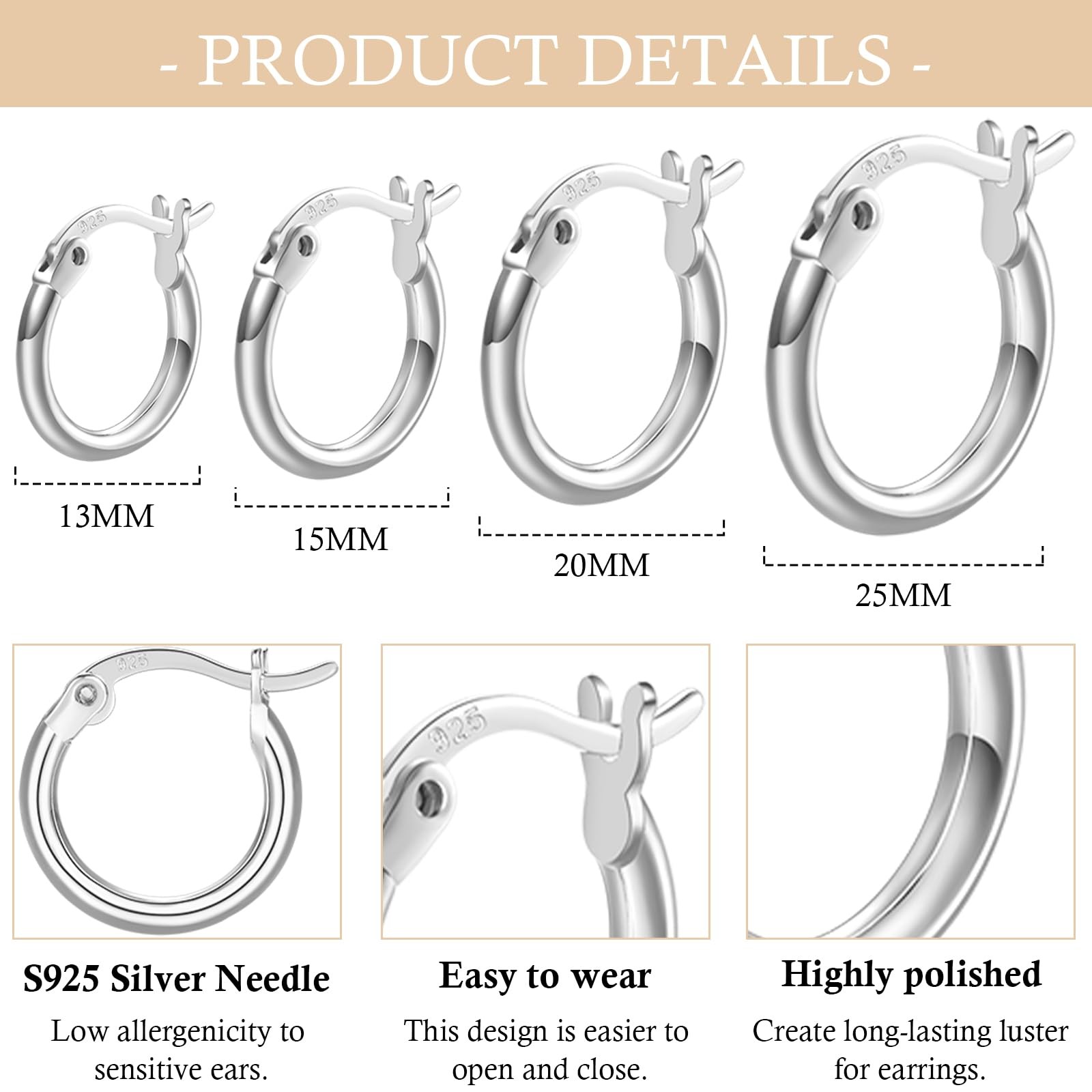 4 Pairs 925 Sterling Silver Hoop Earrings 13mm, 15mm, 20mm, 25mm,