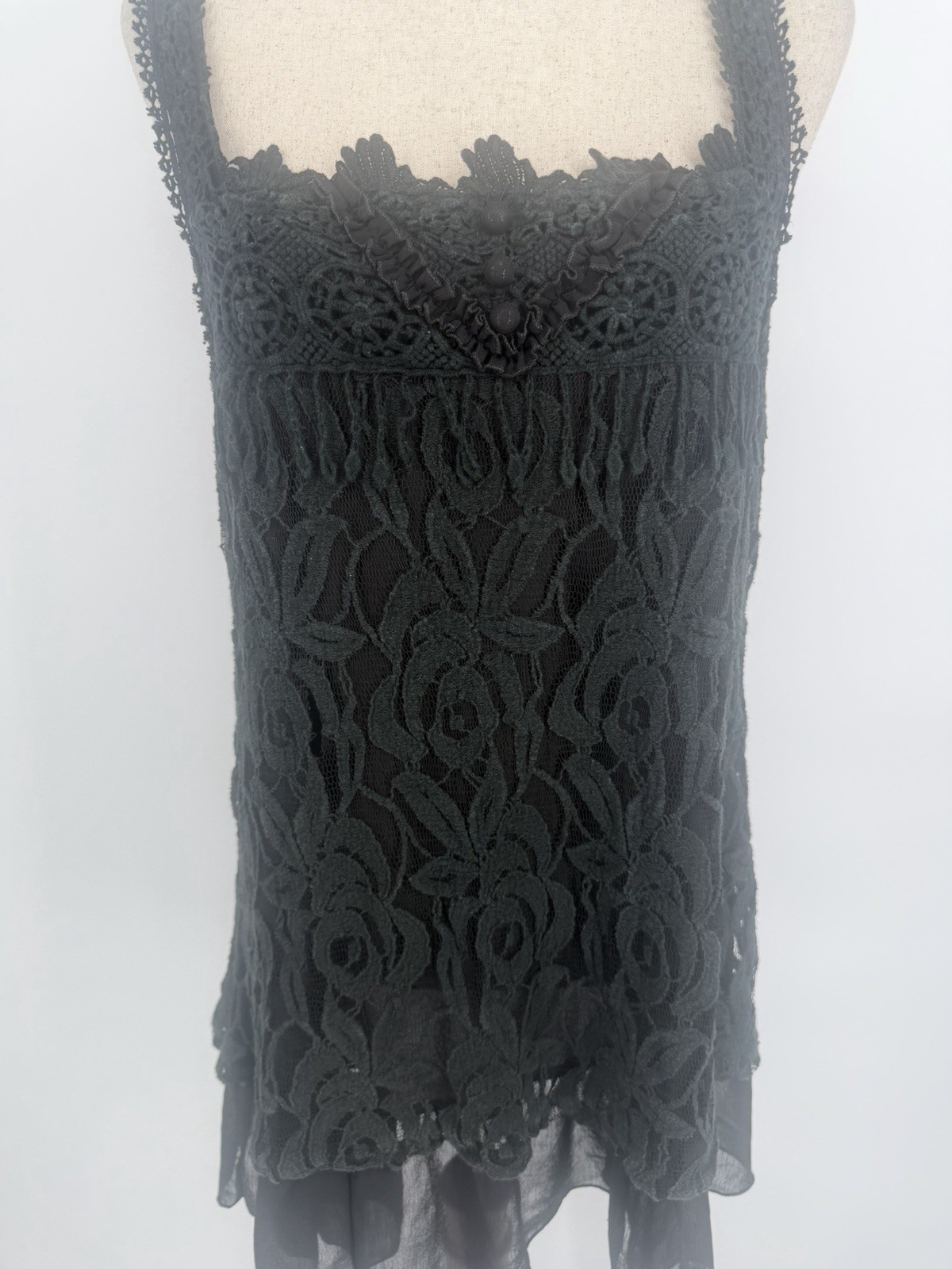 Pretty Angel Tunic Top Large Lace Ruffle Crochet Linen Blend Coquette Black Goth