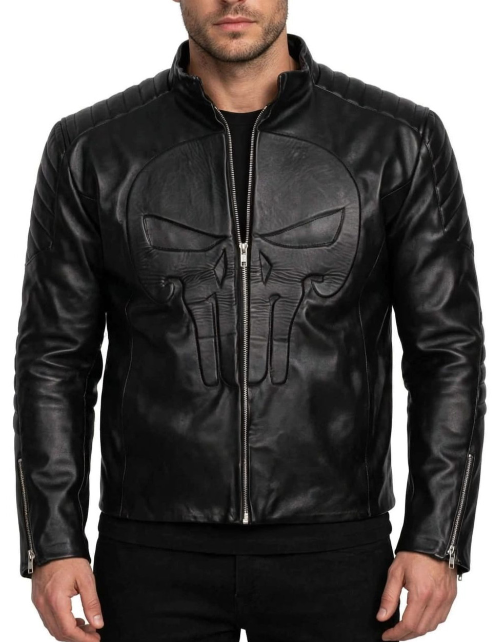 Men’s Black Leather Motorcycle Biker Handmade Jacket – Skull Embossed Chest