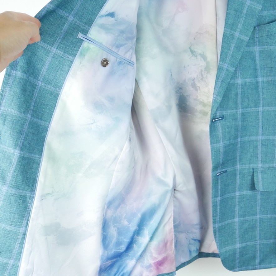 Tallia Men’s 100% Linen Teal Blue Windowpane Plaid Sport Coat Jacket Blazer 40R