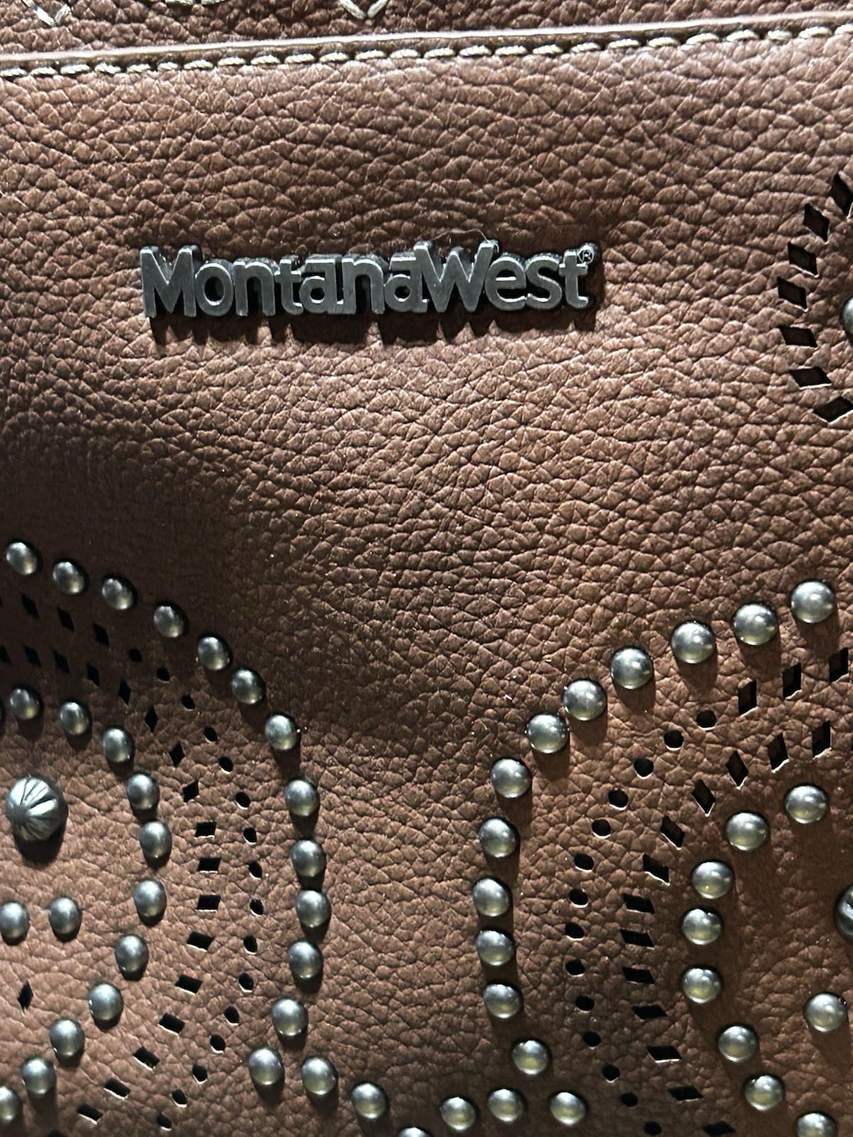 Montana West Brown Studded Pebbled Satchel Top Handle Zip Lined Pockets Strap
