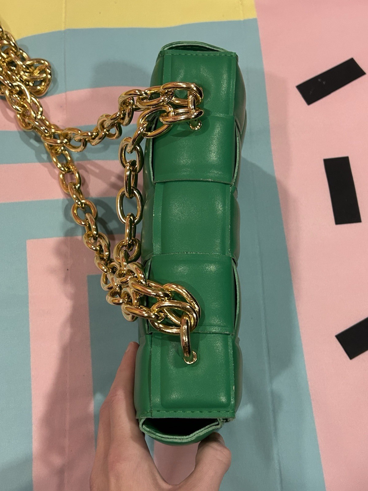 Funky Green Puffy Woven Rectangle Crossbody Purse Bag with Chain Strap