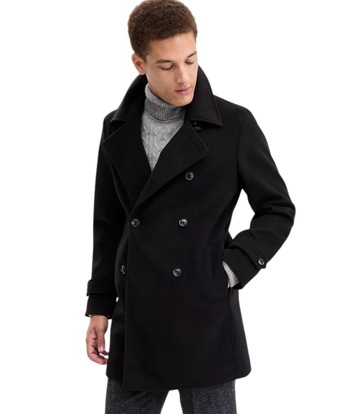 Tommy Hilfiger Mens Classic-Fit Double Breasted Peacoat Coat 42 R Black