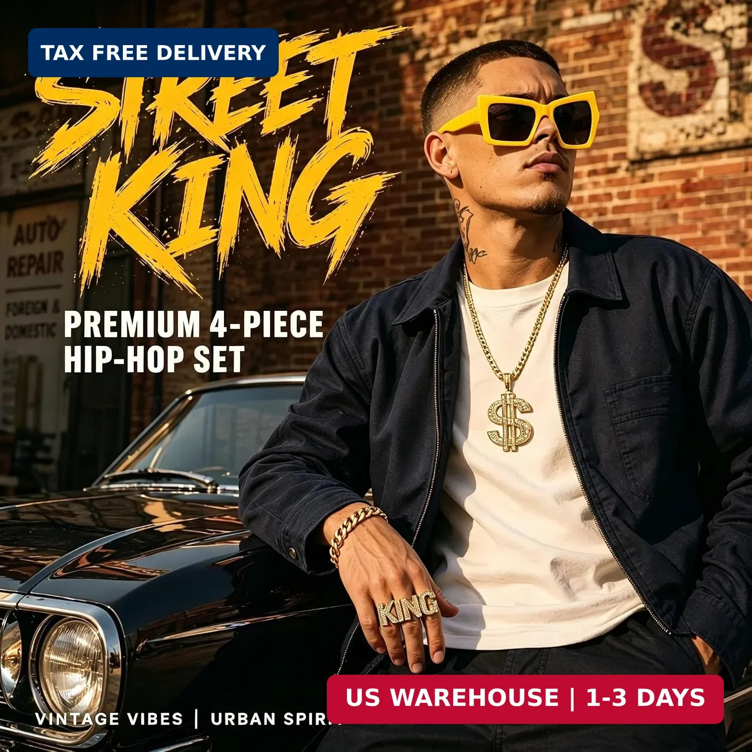 ZhengYuFa 8 Pieces 90s 20s Rapper Accessories Fake Gold Chain，Dollar Ring Neckla