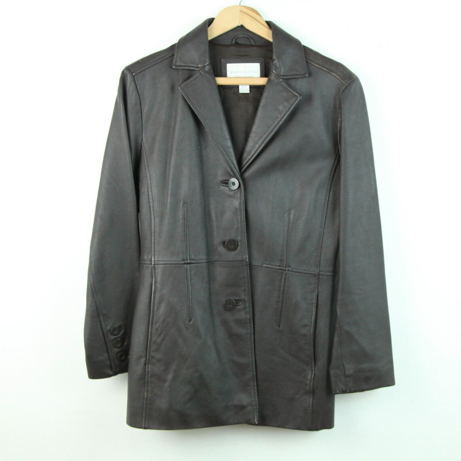 Worthing Petite Medium Vintage Y2K Brown Leather Jacket Minimal Goth Emo Grunge