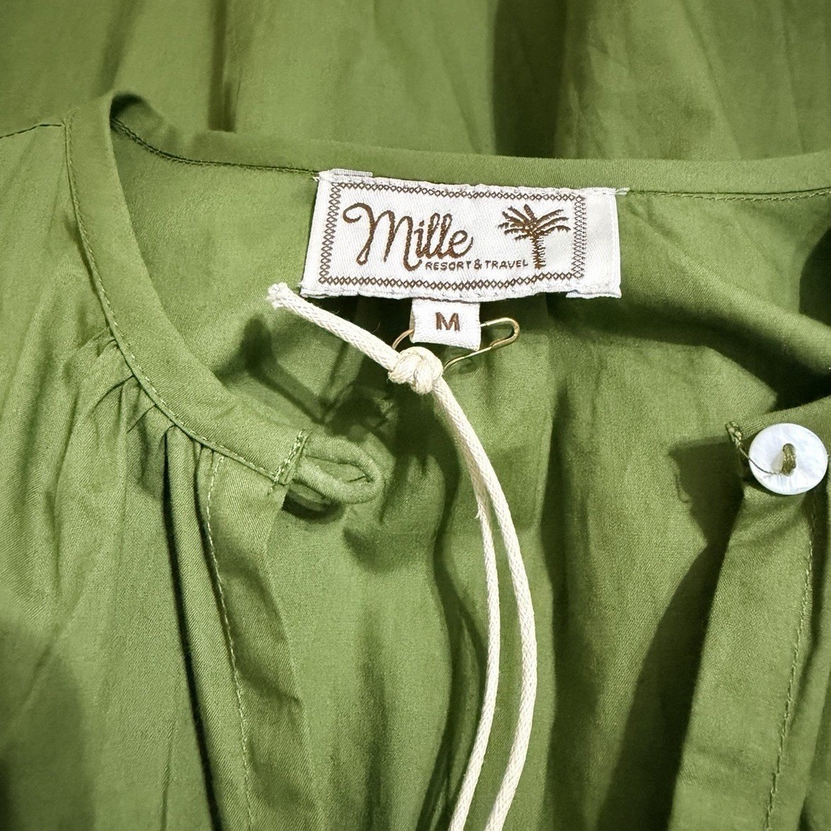 Mille Resort & Travel Saffron Midi Dress M Women Green Olive Puff Sleeve Cotton