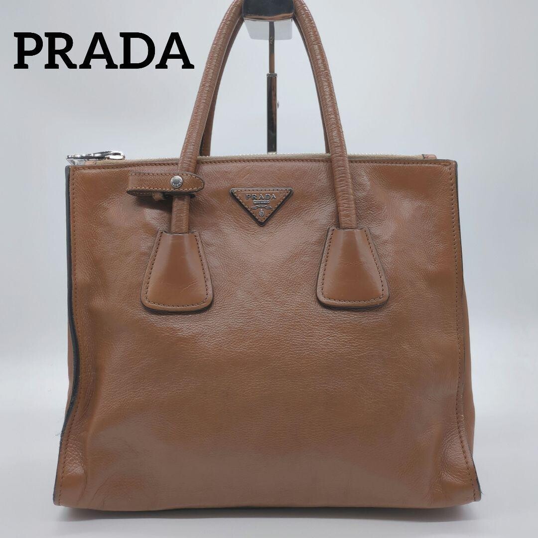 Prada Brown Leather Business Bag Triangle Logo Briefcase Handbag Auth