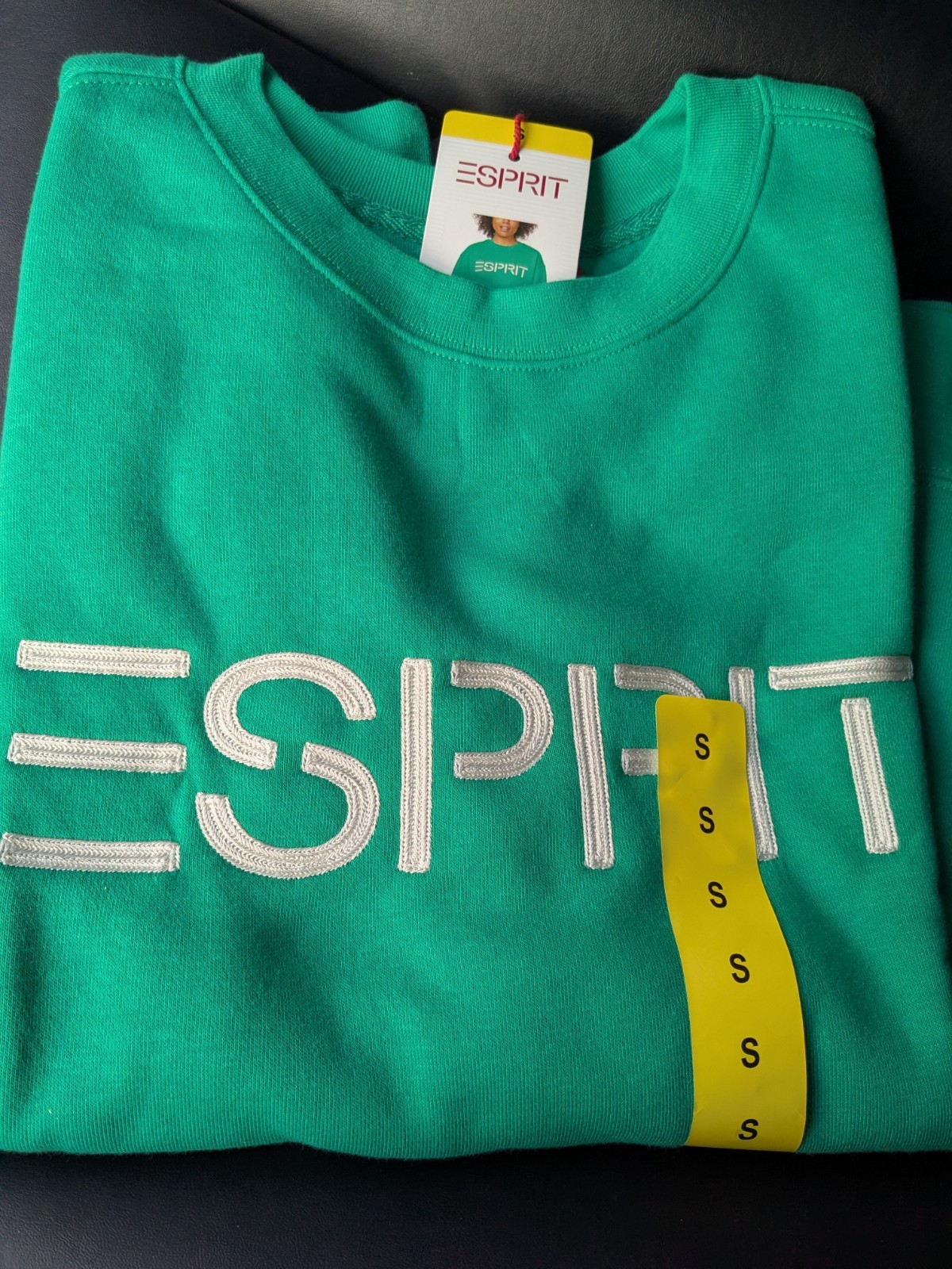NWT S Esprit Women’s Logo Fleece Crewneck Sweatshirt Embroidered 80s Retro Green