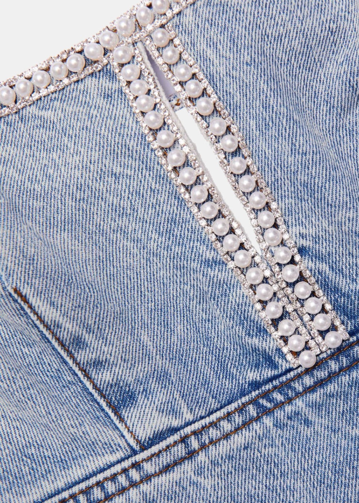 Self-Portrait LIGHT Denim RHINESTONE Pearl-Trim BOW Minidress CUTOUT SZ 8 NWT