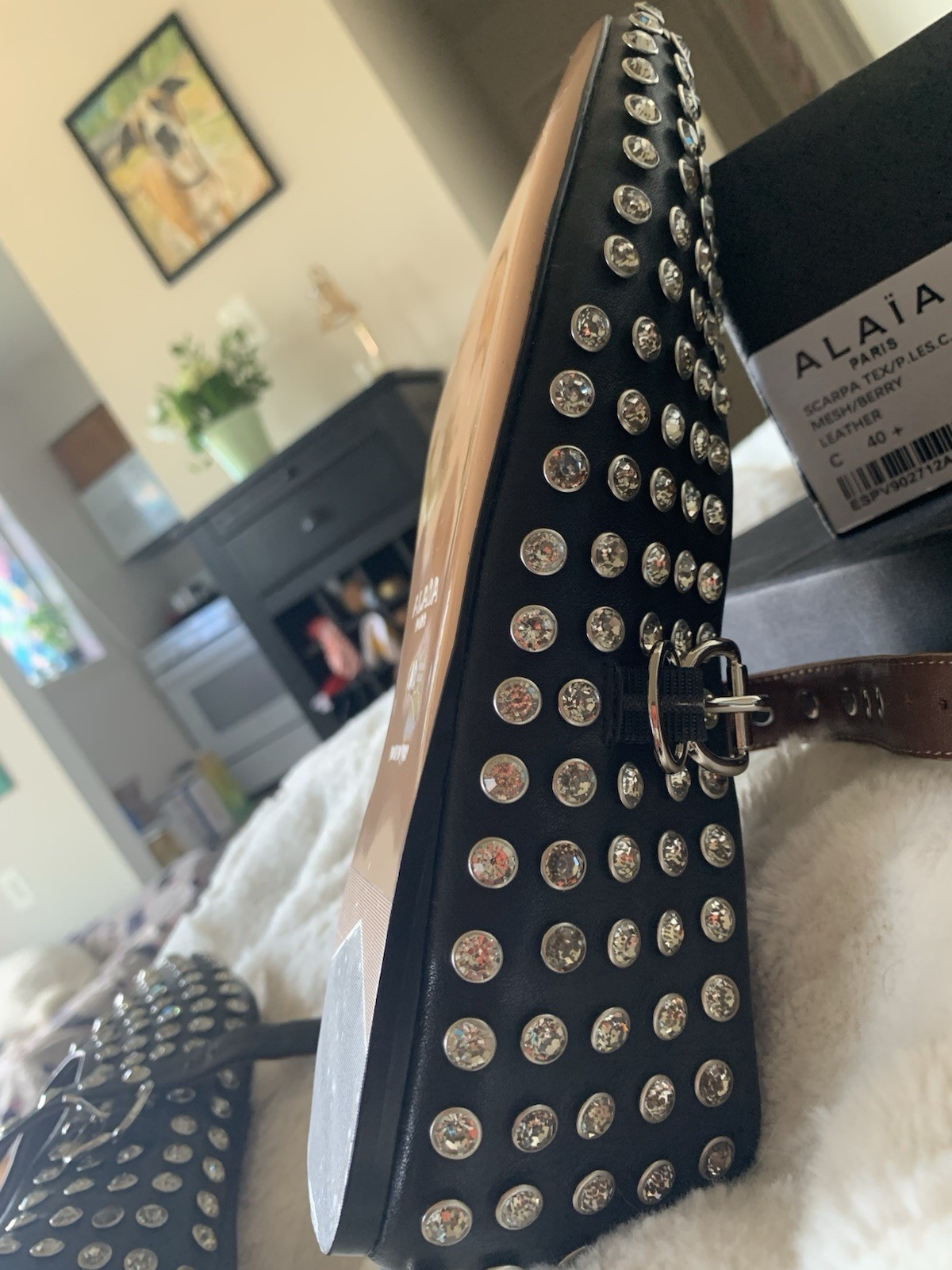Alaia Mary Jane Strap Leather Rhinestone Crystal Ballet Flat Size 40 US 9 Black