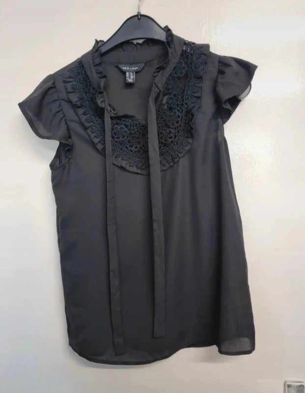 New Look Black Lace Trim Tie Neck Top Blouse Ruffle Sleeves Size UK 8 EU 36 US 4