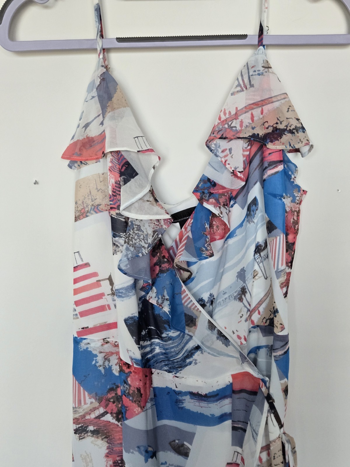 WHBM Postcard Print Wrap Dress Ruffle Hem Vacation Resort