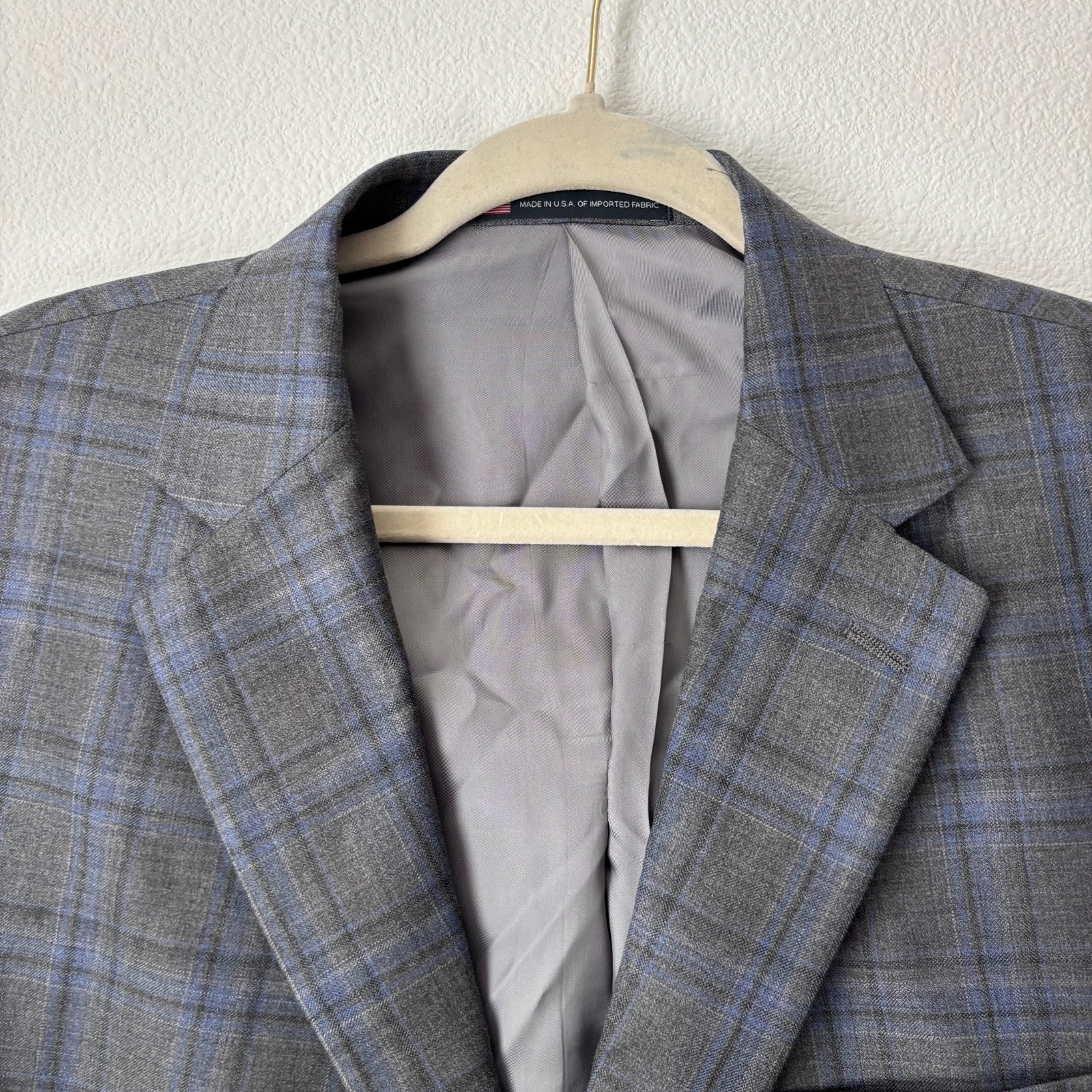 Hart Schaffner Marx Blazer Men’s 48R Gray Blue Plaid 2-Button Union Made in USA