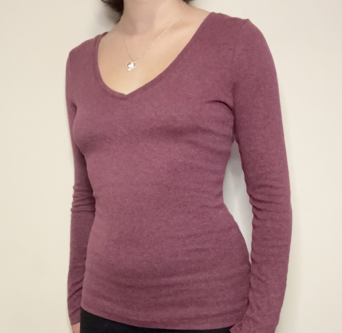a new day burgundy long sleeve top with v neck and stretchy fabric size small