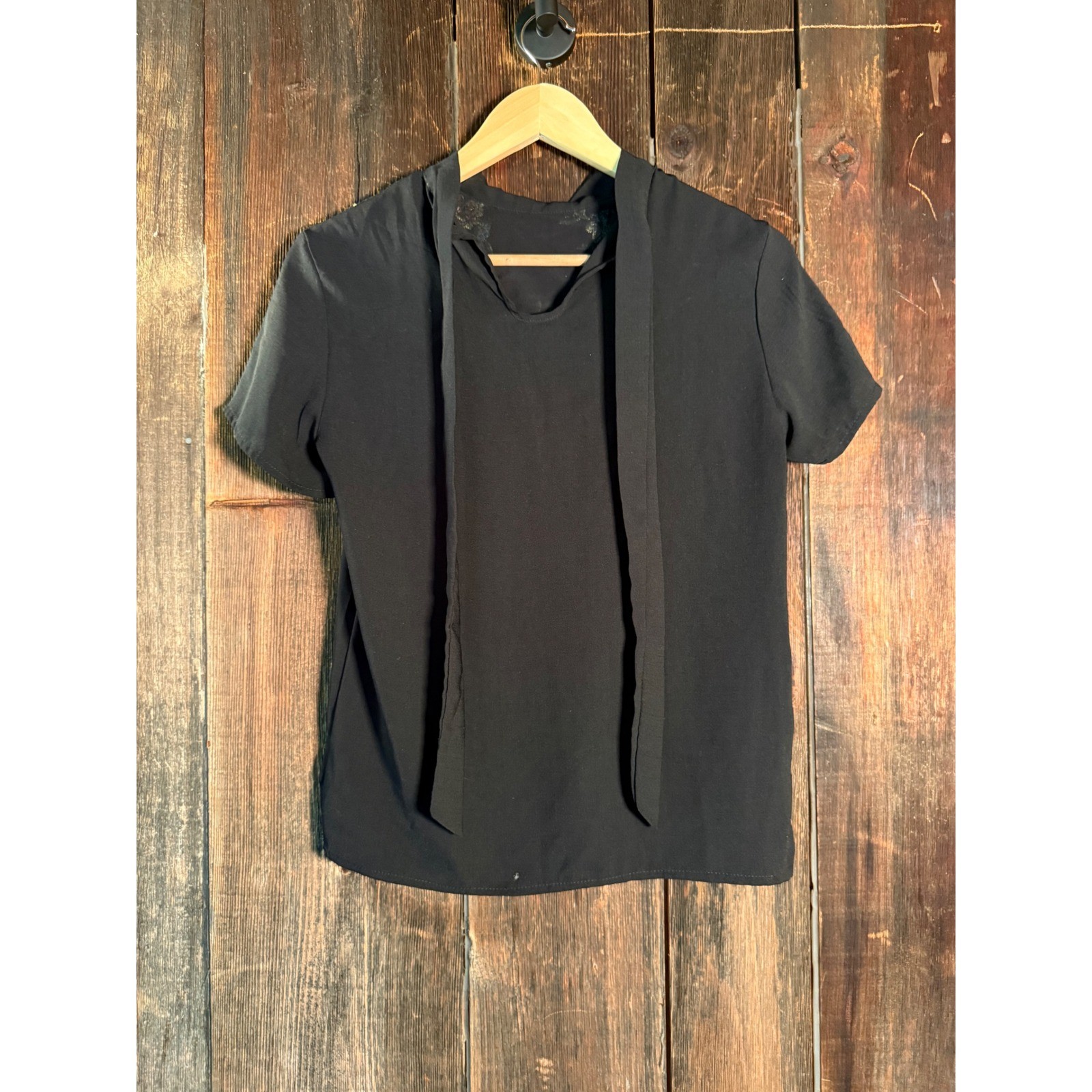 Shein Black Tie Neck Short Sleeve Blouse Mesh Floral Embroidered Back XS