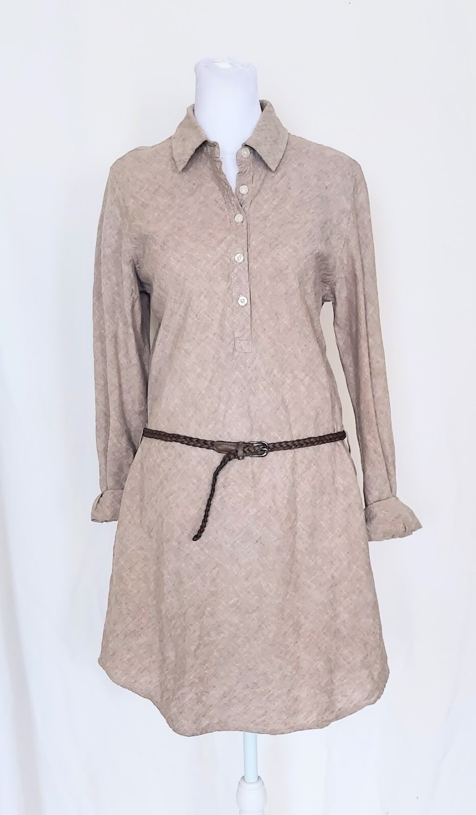 Freedom Trail by KYODAN Roll Tab Sleeve Linen Blend Shirt Dress Tan Size Small
