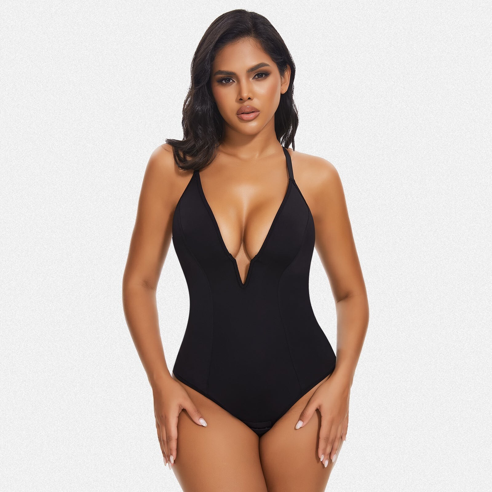 Shaperin Shapewear Bodysuit Deep V-Neck Thong, Black, Small