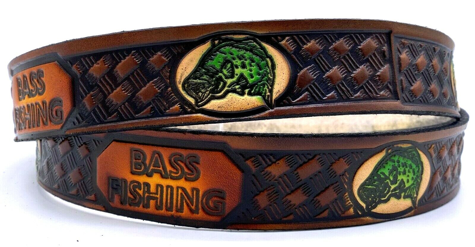 BASS FISHING ANGLER EMBOSSED TRUCKER COWHIDE LEATHER BELT SIZE 26-48 USA MADE
