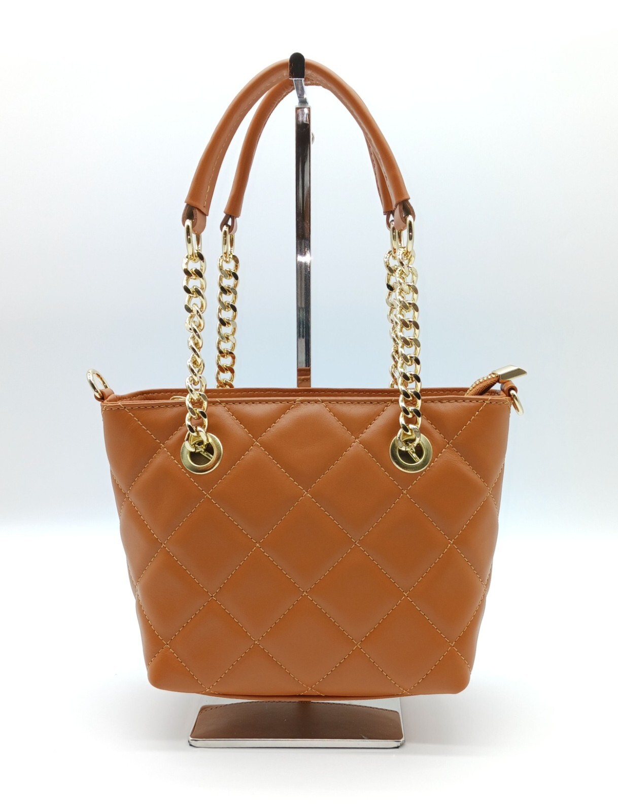 Italian Genuine Leather Small Quilted Tote Crossbody – Made In Italy – Cognac