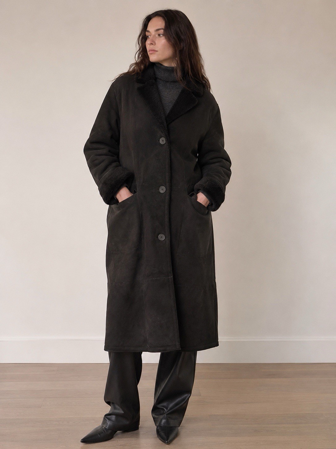 90s Italian Maxi Length Penny Lane Genuine Shearling Overcoat