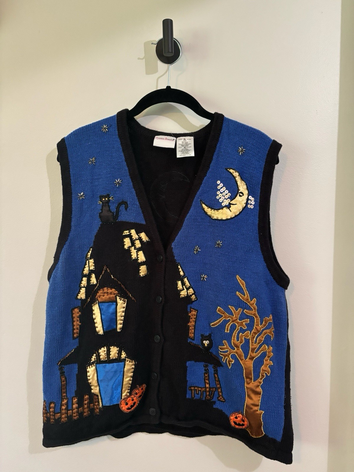 VTG Bobbie Brooks Halloween Sweater Vest XLarge Haunted House Cat Moon Pumpkin
