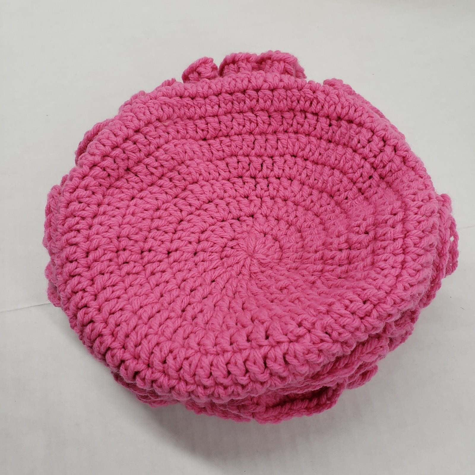 Handmade Crochet Ruffle Hat Pink Statement Bonnet Cozy Winter Unique Artisan