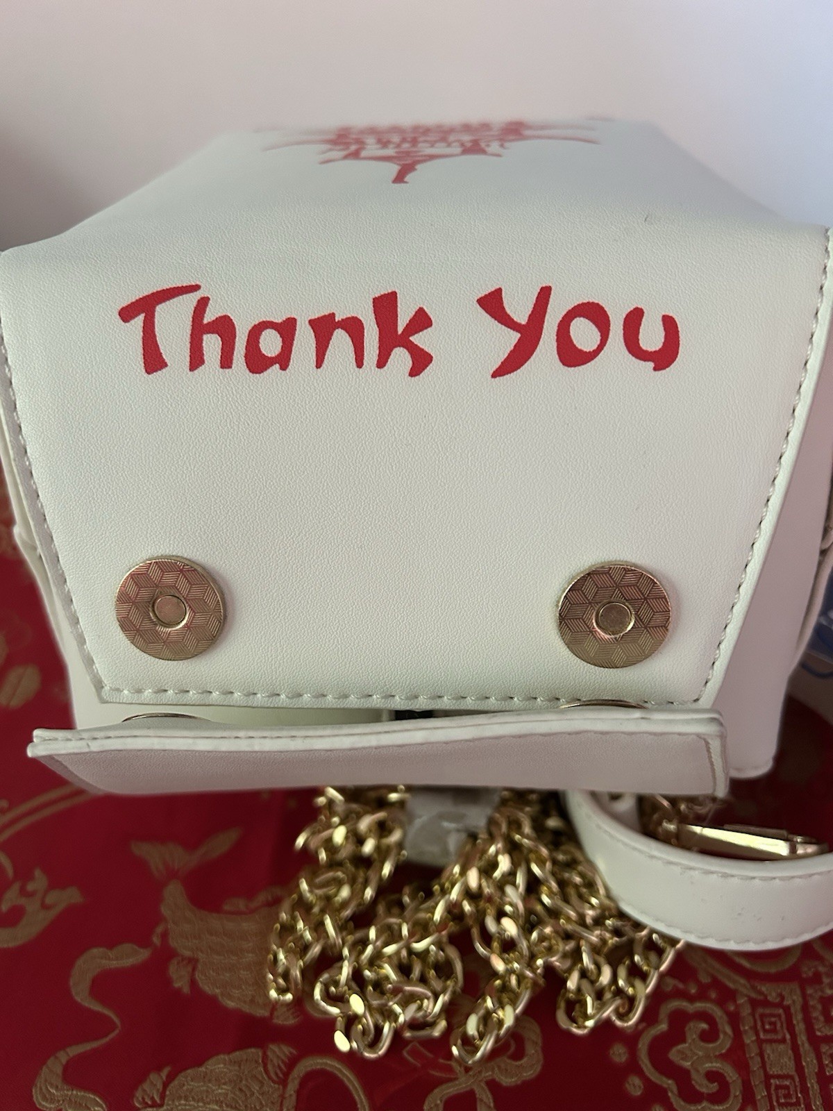 DS BAGS White Graphic Print Small Box Crossbody Bag Gold Chain Snap Closure