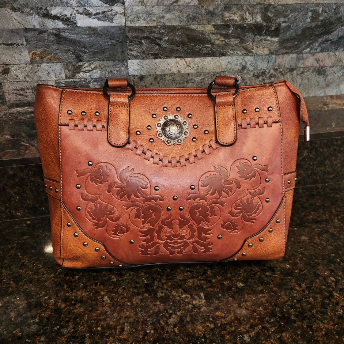 Women’s Brown Western Floral Tooled Studded Concho Tote Zip Top Pouch Medium